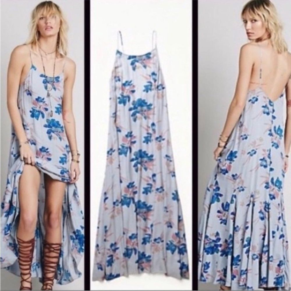 Free People Floral Print Romantic Low Back Boho Long Maxi Slip Dress Sz L - Picture 1 of 10